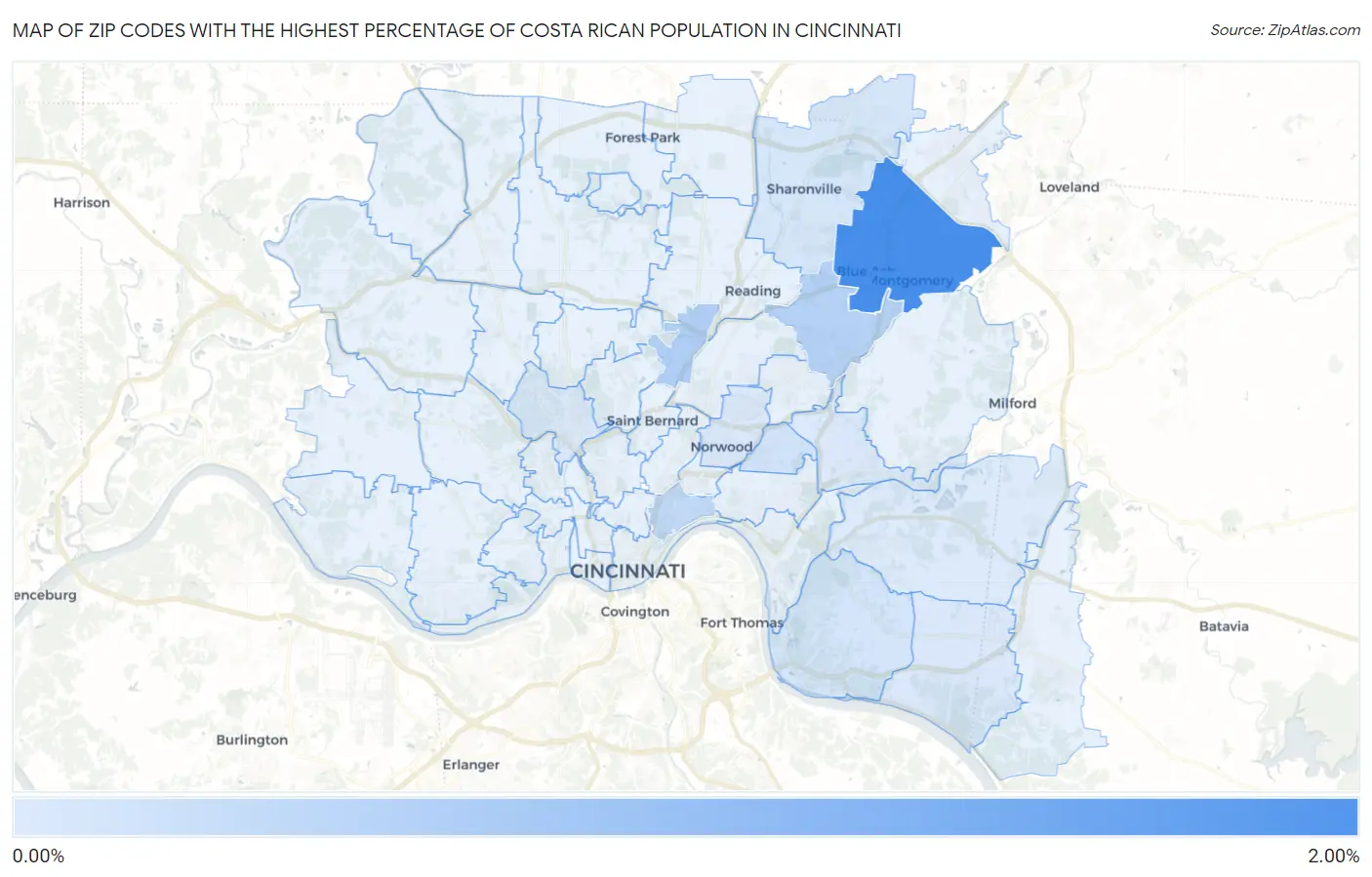 Zip Codes with the Highest Percentage of Costa Rican Population in Cincinnati Map