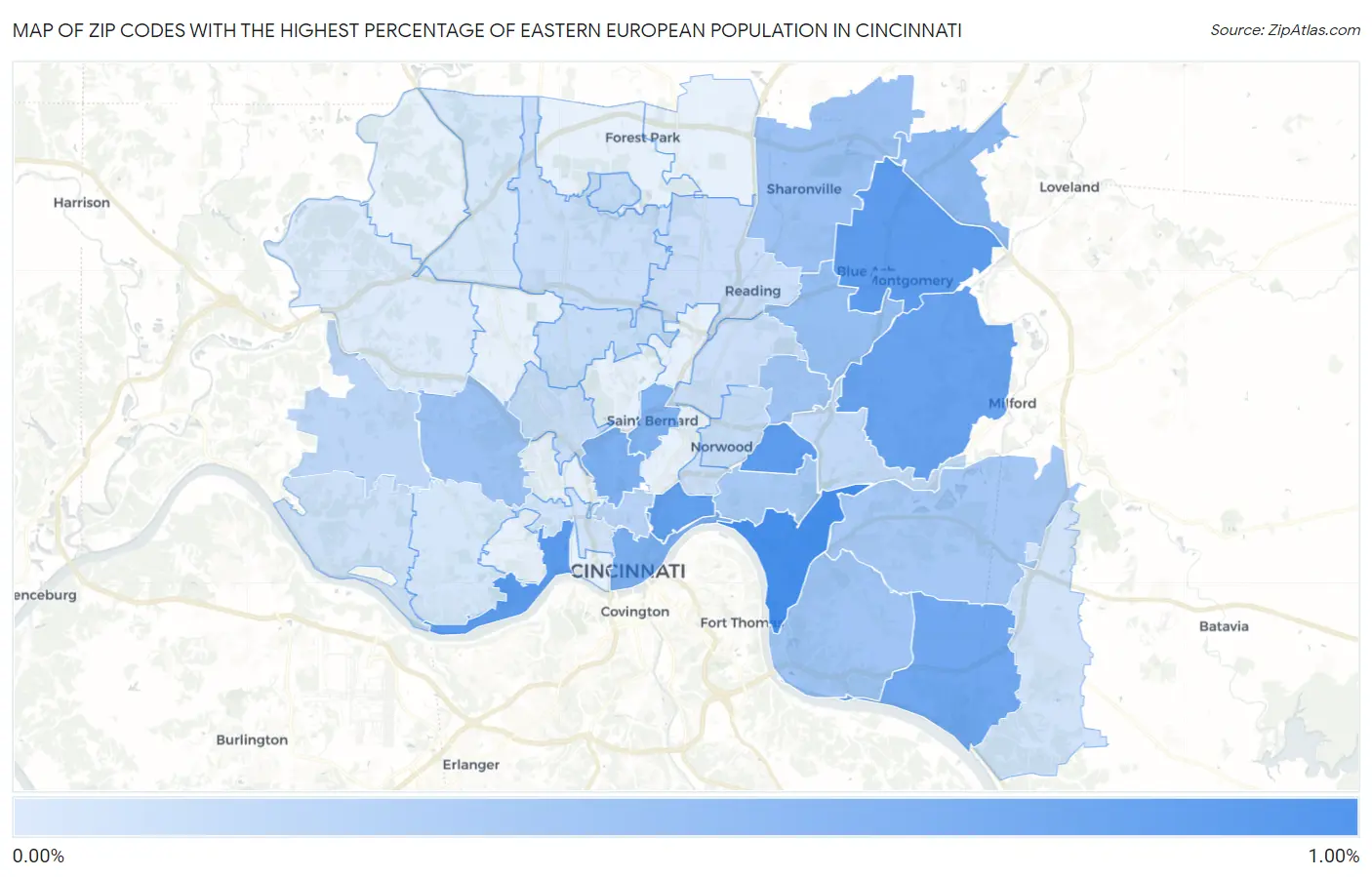 Zip Codes with the Highest Percentage of Eastern European Population in Cincinnati Map