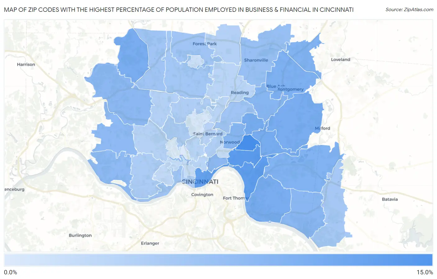 Zip Codes with the Highest Percentage of Population Employed in Business & Financial in Cincinnati Map