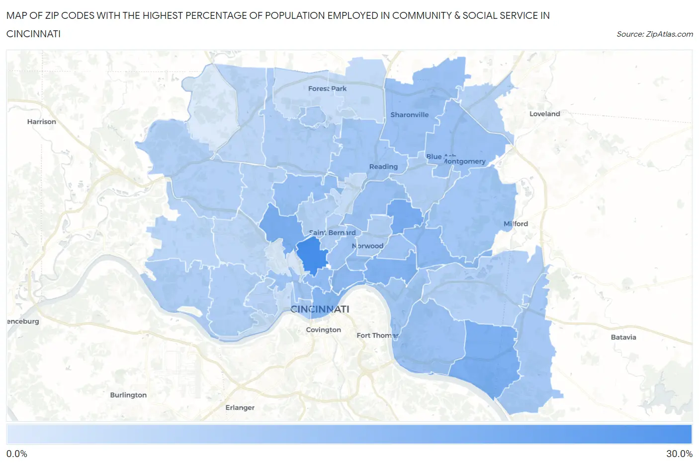 Zip Codes with the Highest Percentage of Population Employed in Community & Social Service  in Cincinnati Map