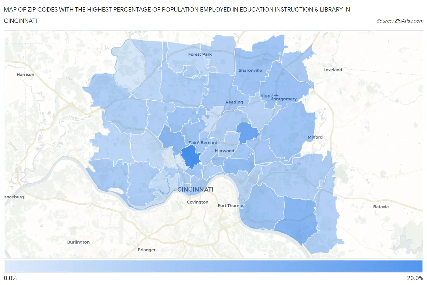 Zip Codes with the Highest Percentage of Population Employed in Education Instruction & Library in Cincinnati Map
