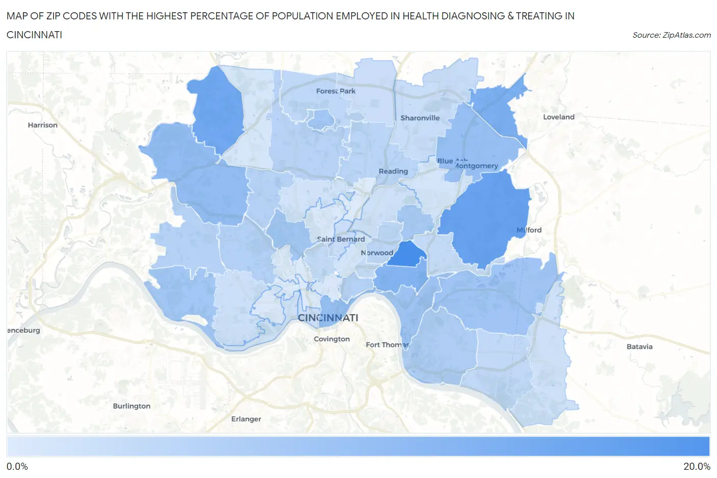Zip Codes with the Highest Percentage of Population Employed in Health Diagnosing & Treating in Cincinnati Map
