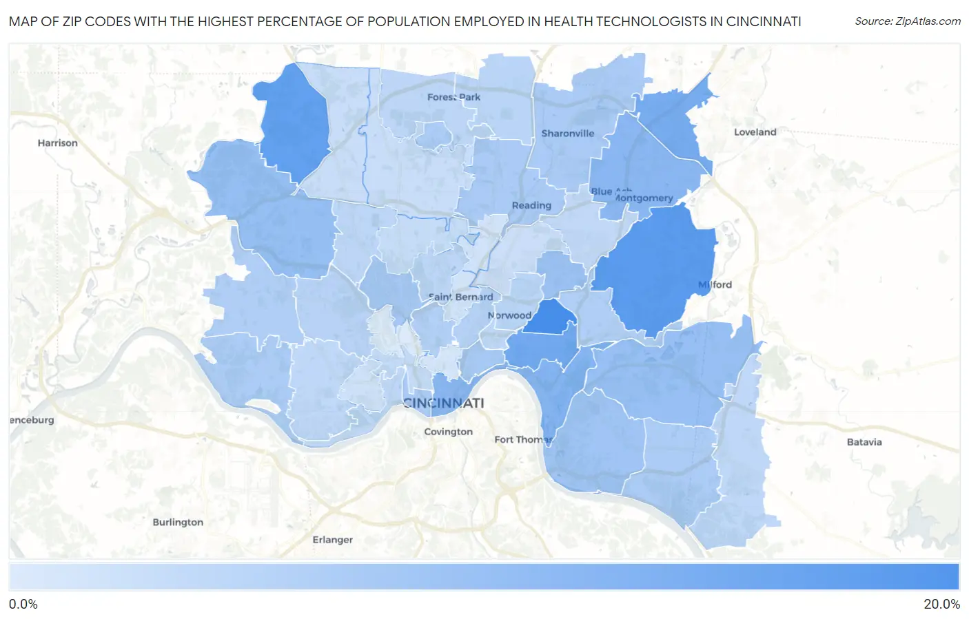 Zip Codes with the Highest Percentage of Population Employed in Health Technologists in Cincinnati Map
