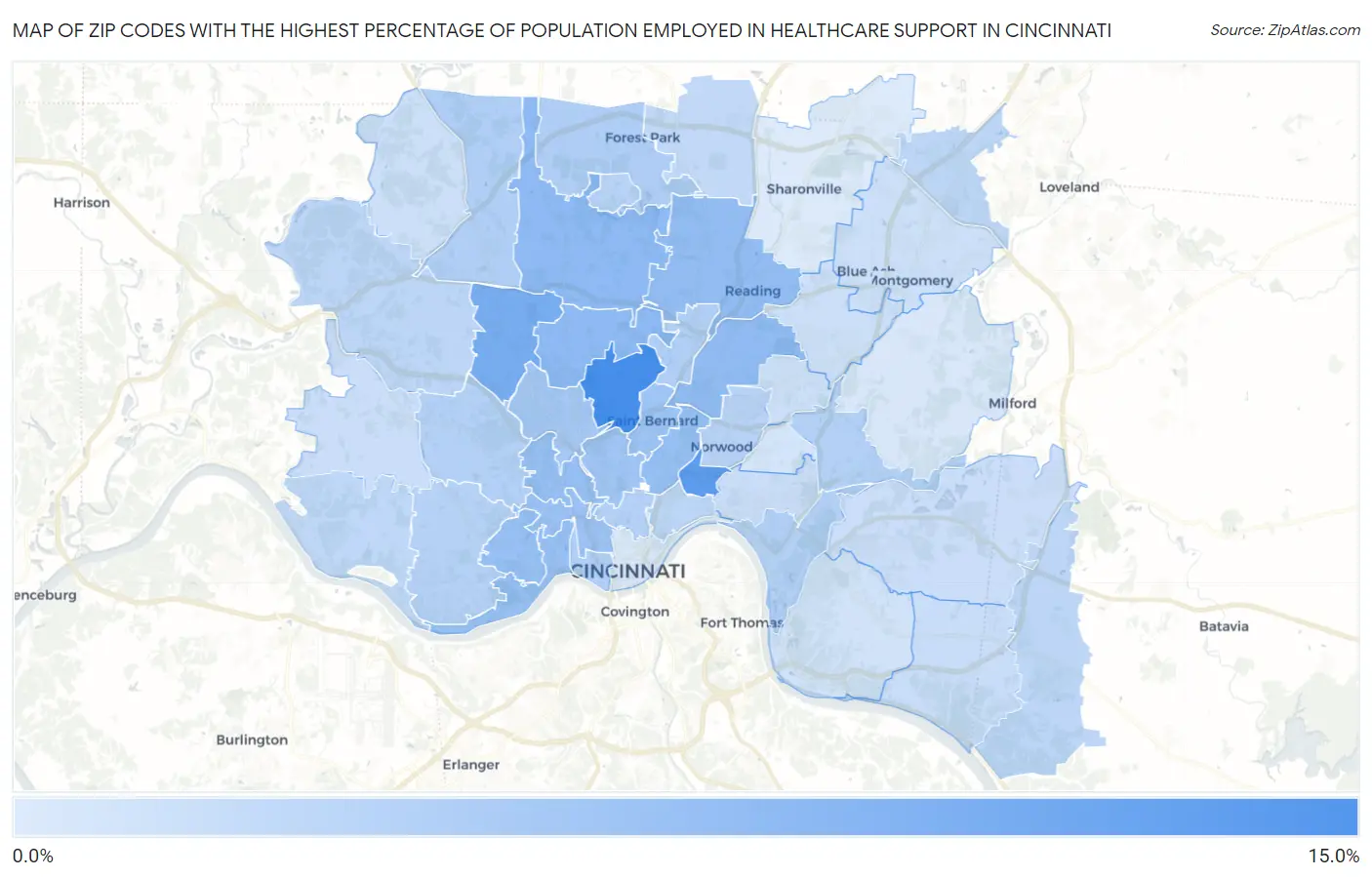 Zip Codes with the Highest Percentage of Population Employed in Healthcare Support in Cincinnati Map