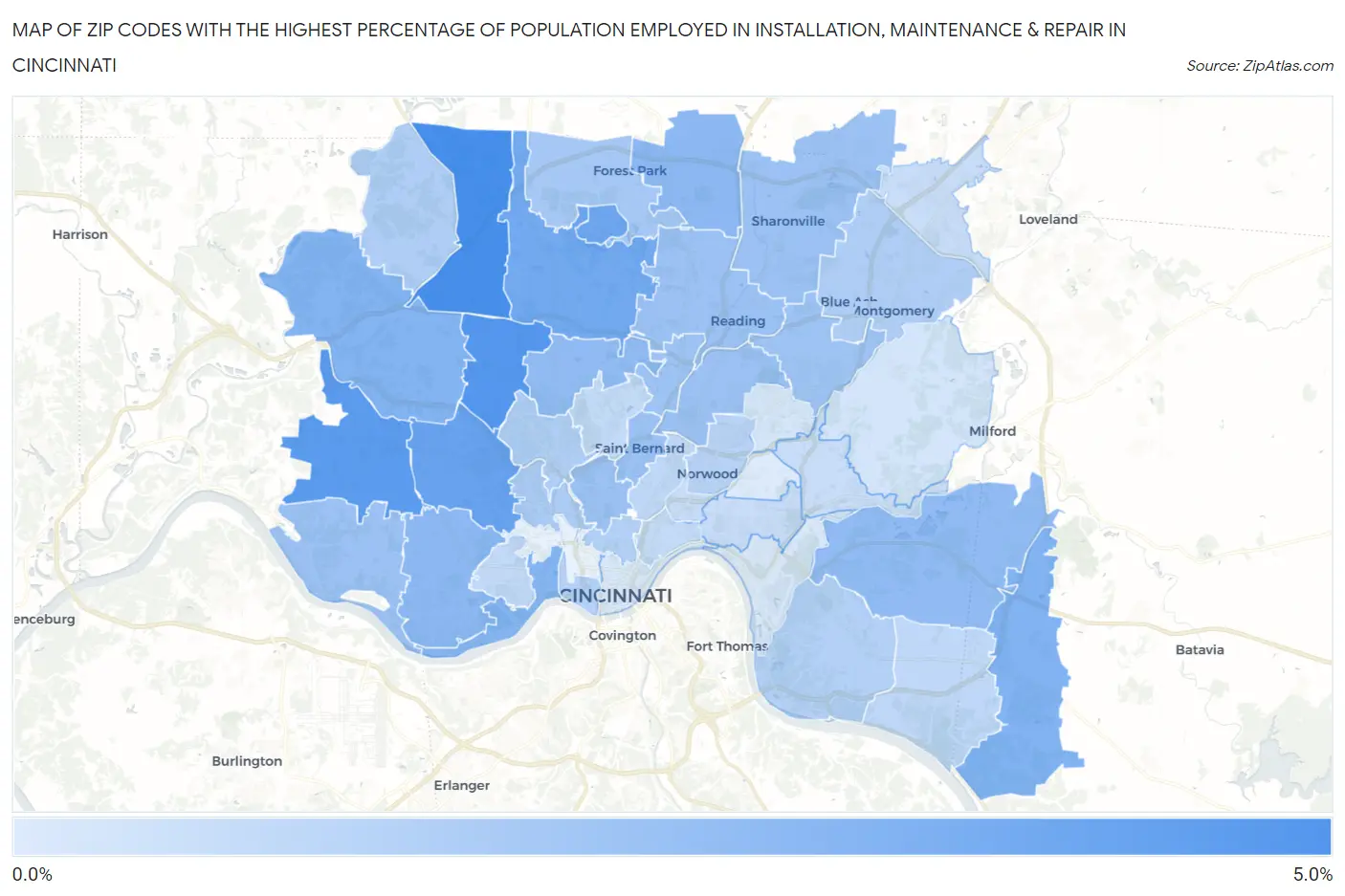 Zip Codes with the Highest Percentage of Population Employed in Installation, Maintenance & Repair in Cincinnati Map