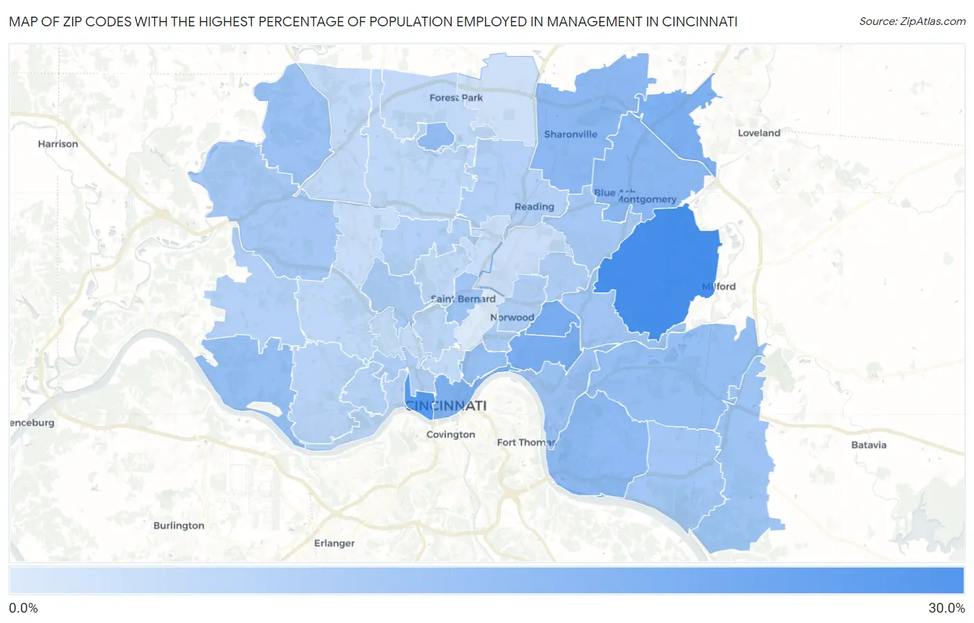 Zip Codes with the Highest Percentage of Population Employed in Management in Cincinnati Map