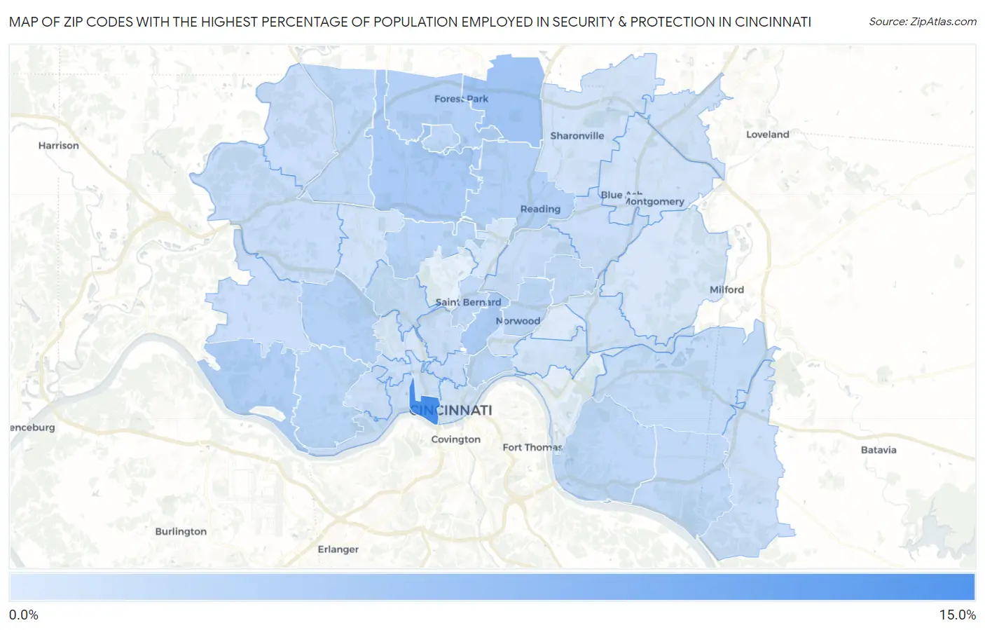 Zip Codes with the Highest Percentage of Population Employed in Security & Protection in Cincinnati Map