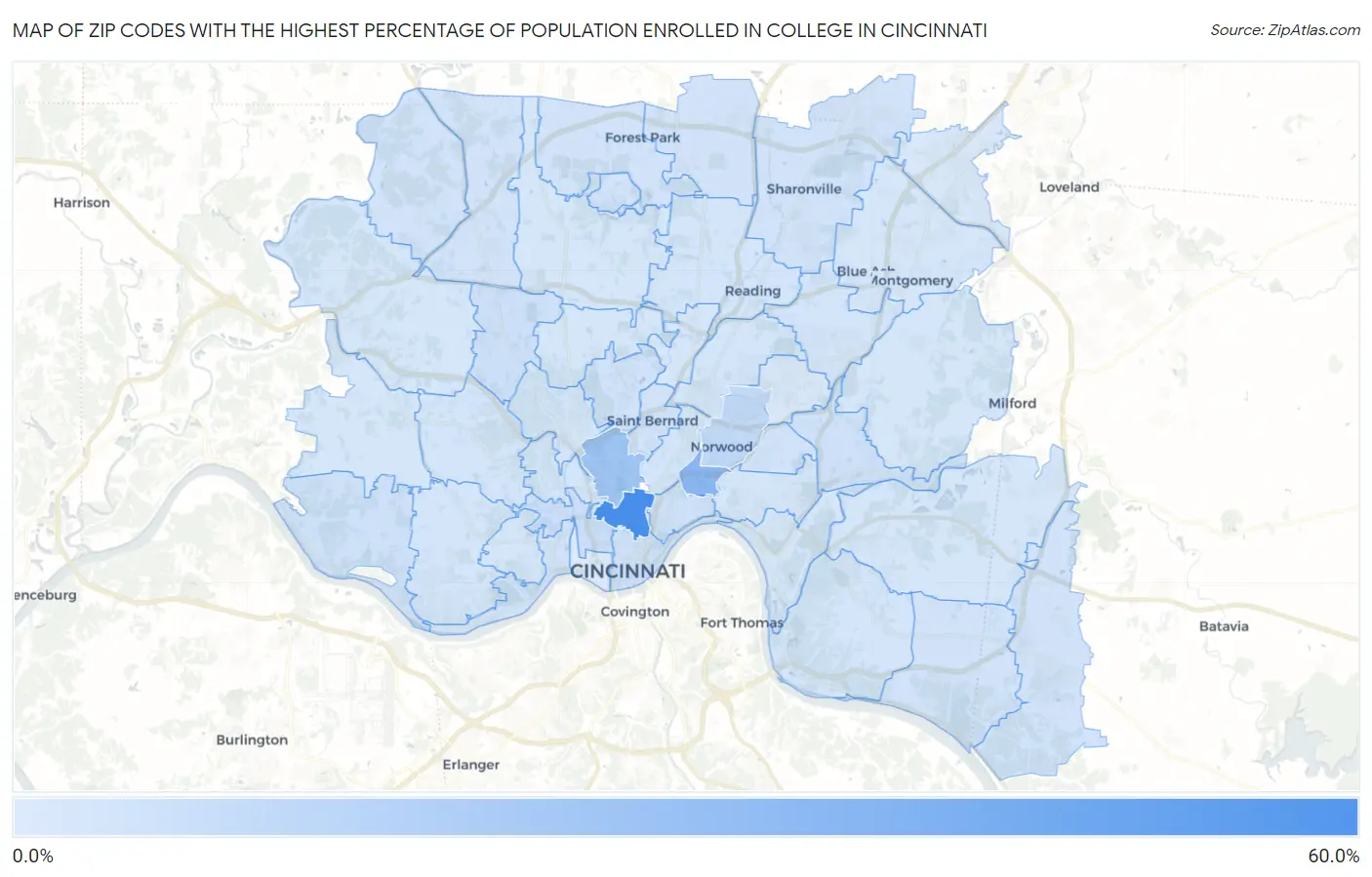 Zip Codes with the Highest Percentage of Population Enrolled in College in Cincinnati Map