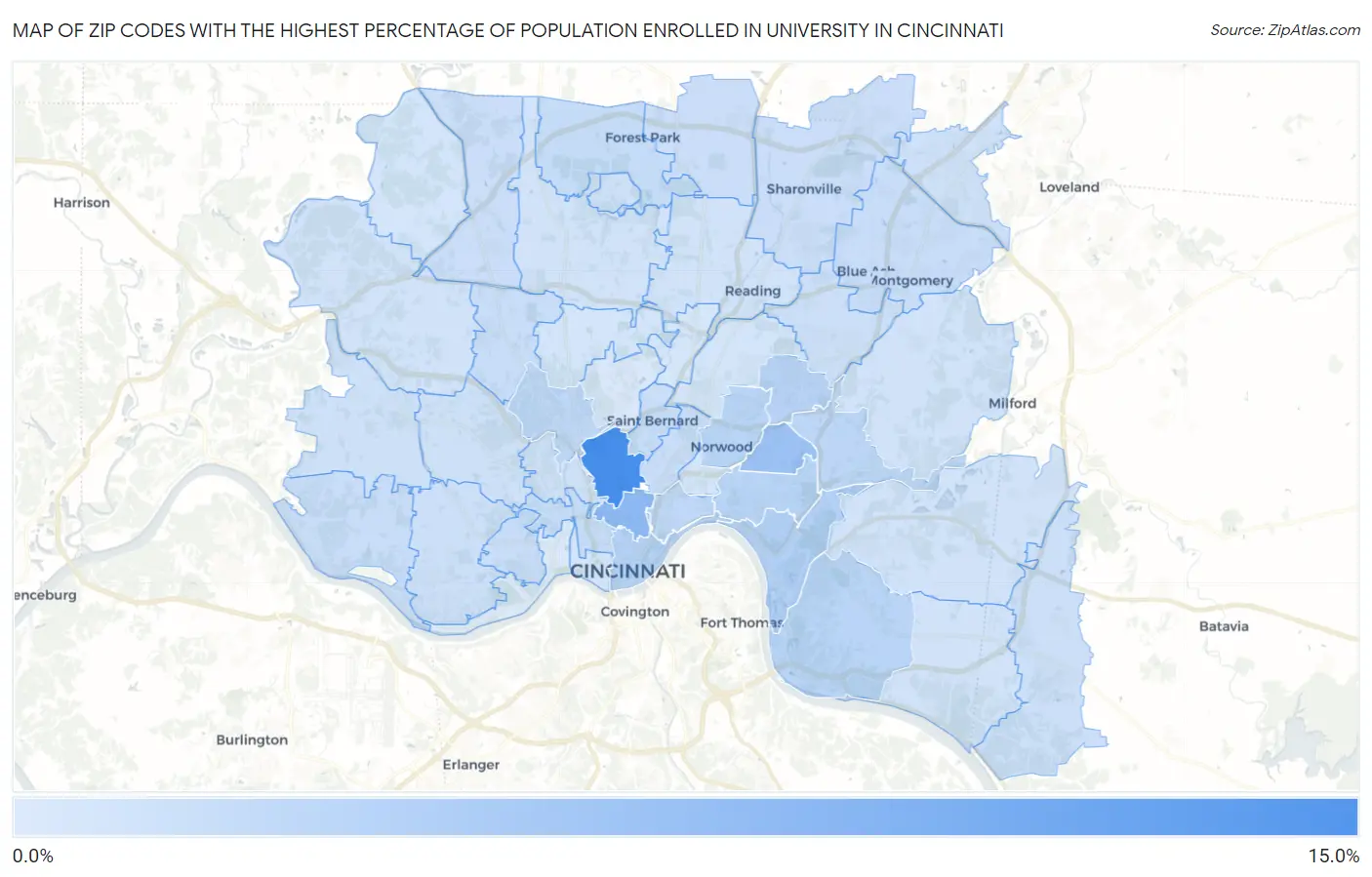 Zip Codes with the Highest Percentage of Population Enrolled in University in Cincinnati Map