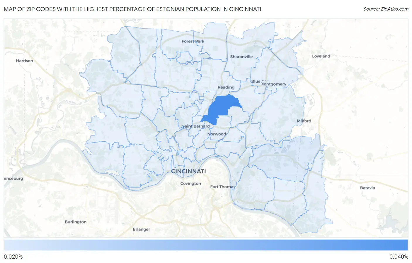 Zip Codes with the Highest Percentage of Estonian Population in Cincinnati Map