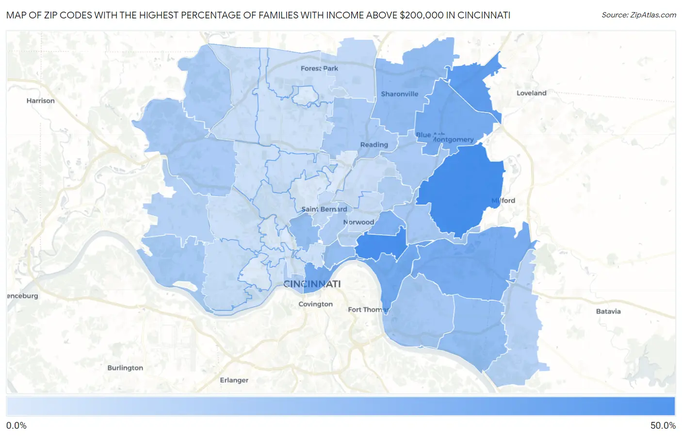 Zip Codes with the Highest Percentage of Families with Income Above $200,000 in Cincinnati Map