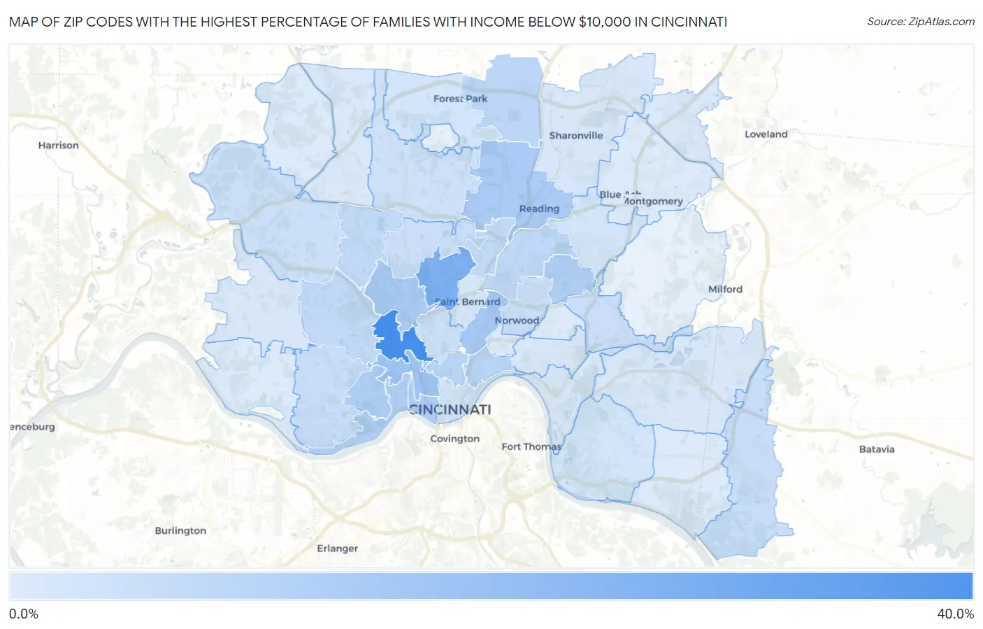 Zip Codes with the Highest Percentage of Families with Income Below $10,000 in Cincinnati Map