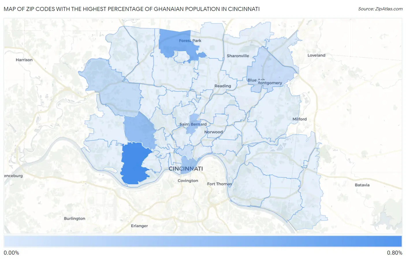 Zip Codes with the Highest Percentage of Ghanaian Population in Cincinnati Map