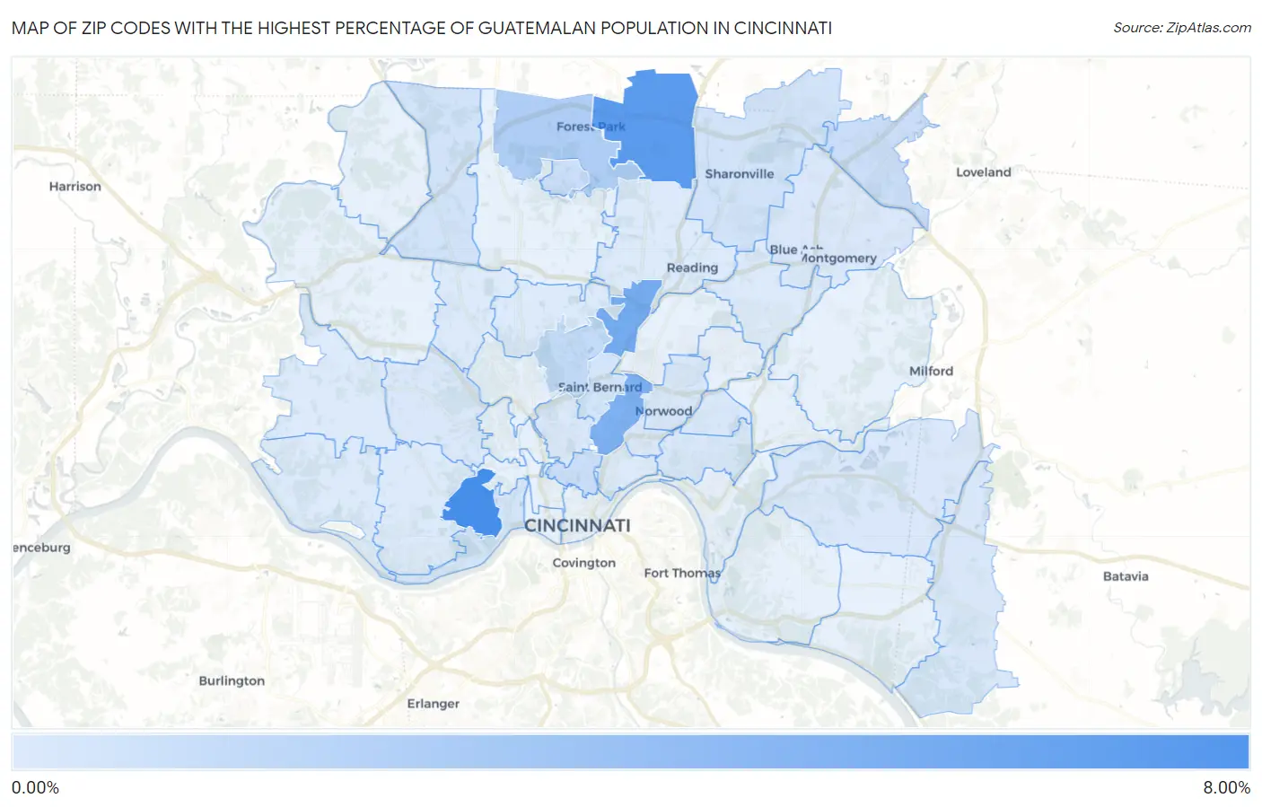Zip Codes with the Highest Percentage of Guatemalan Population in Cincinnati Map