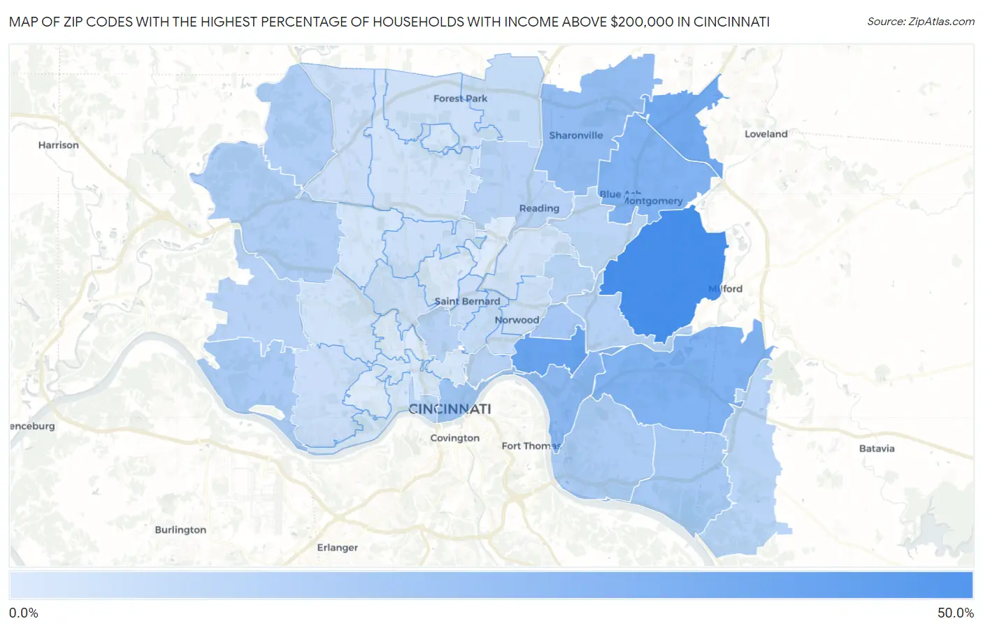 Zip Codes with the Highest Percentage of Households with Income Above $200,000 in Cincinnati Map