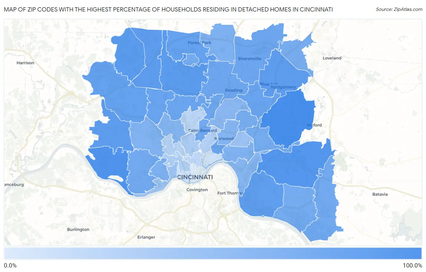 Zip Codes with the Highest Percentage of Households Residing in Detached Homes in Cincinnati Map