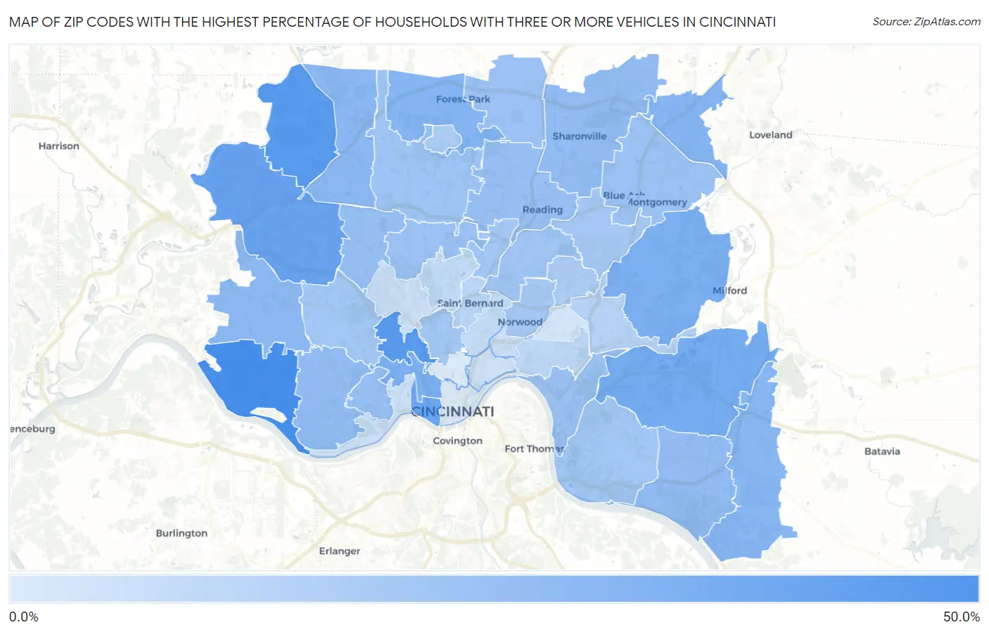Zip Codes with the Highest Percentage of Households With Three or more Vehicles in Cincinnati Map