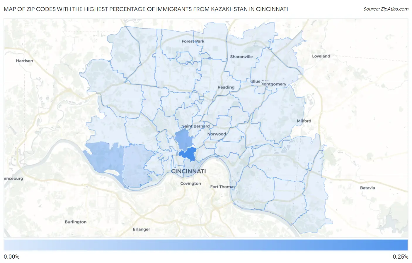 Zip Codes with the Highest Percentage of Immigrants from Kazakhstan in Cincinnati Map