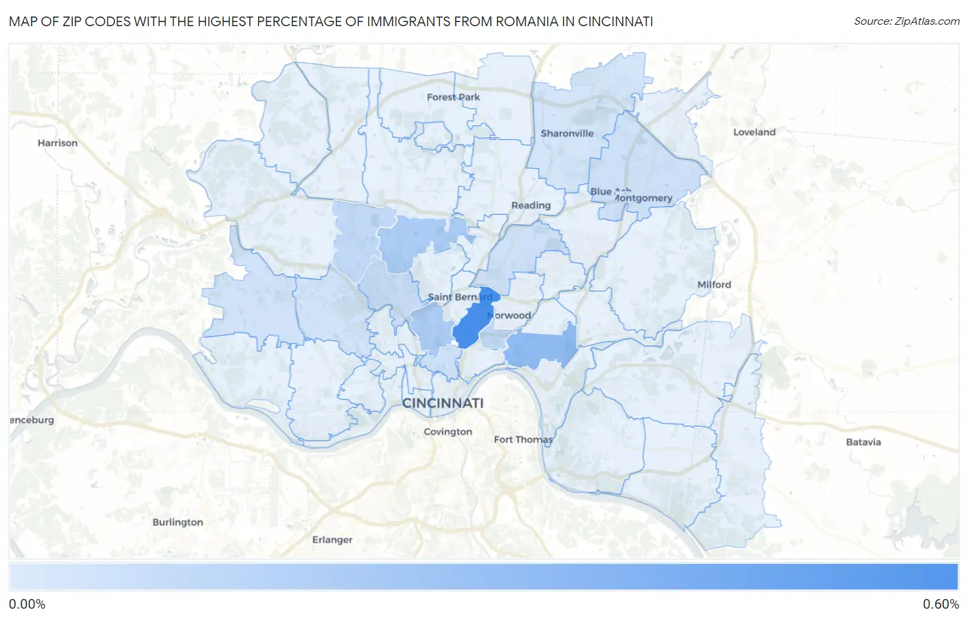 Zip Codes with the Highest Percentage of Immigrants from Romania in Cincinnati Map
