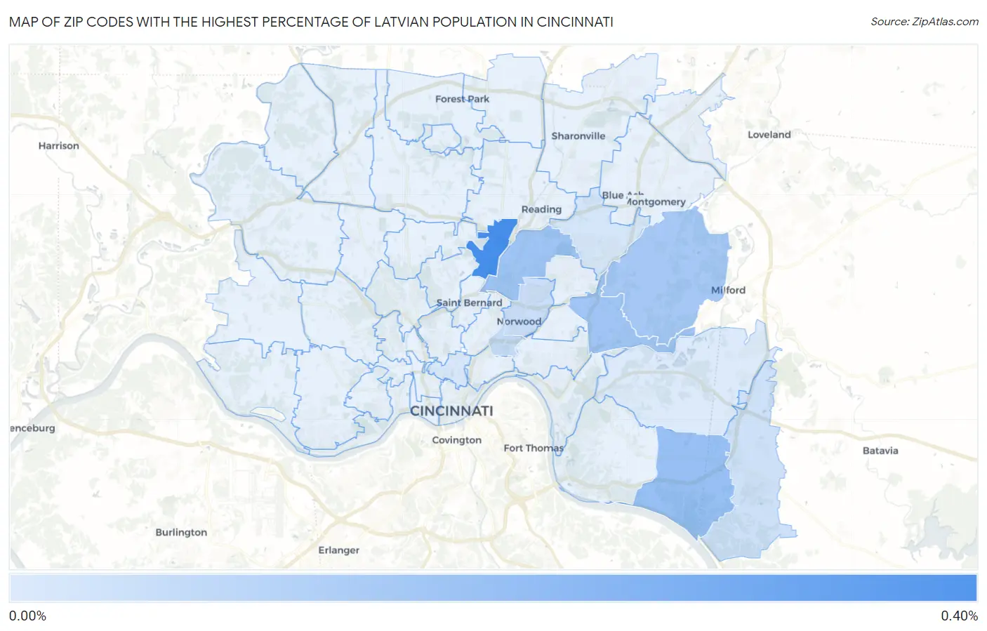 Zip Codes with the Highest Percentage of Latvian Population in Cincinnati Map