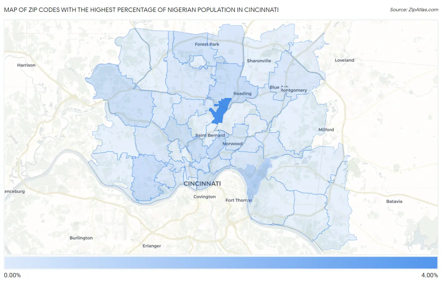 Zip Codes with the Highest Percentage of Nigerian Population in Cincinnati Map