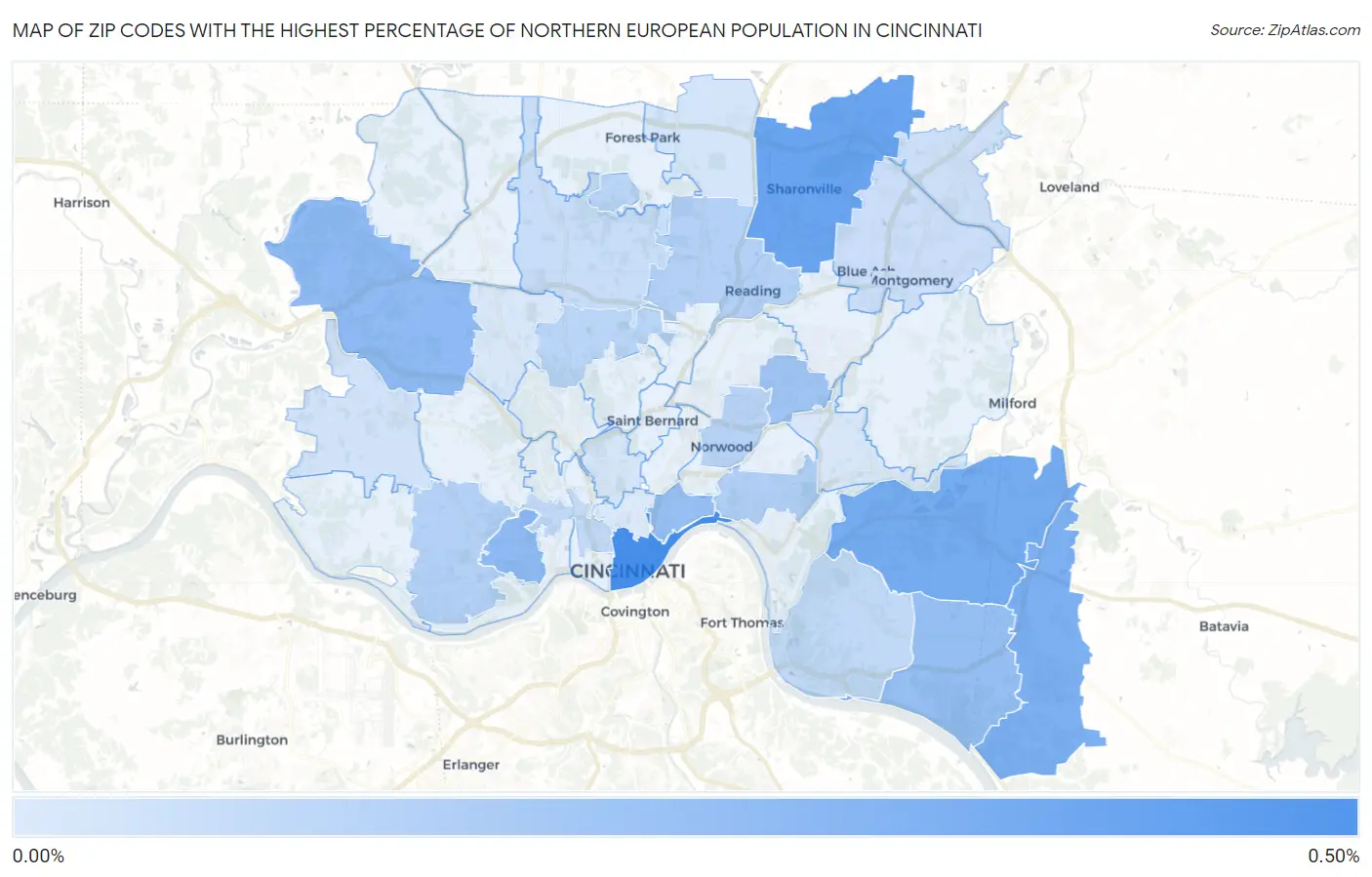 Zip Codes with the Highest Percentage of Northern European Population in Cincinnati Map