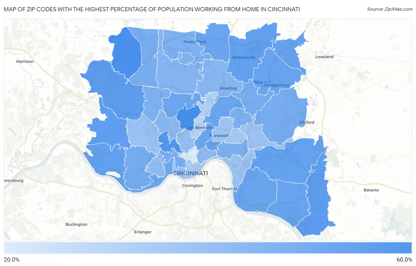Zip Codes with the Highest Percentage of Population Working from Home in Cincinnati Map