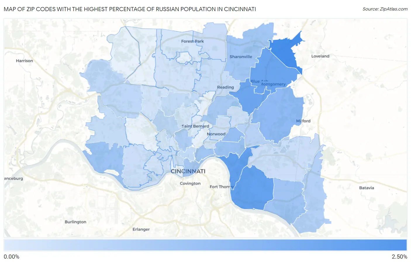 Zip Codes with the Highest Percentage of Russian Population in Cincinnati Map