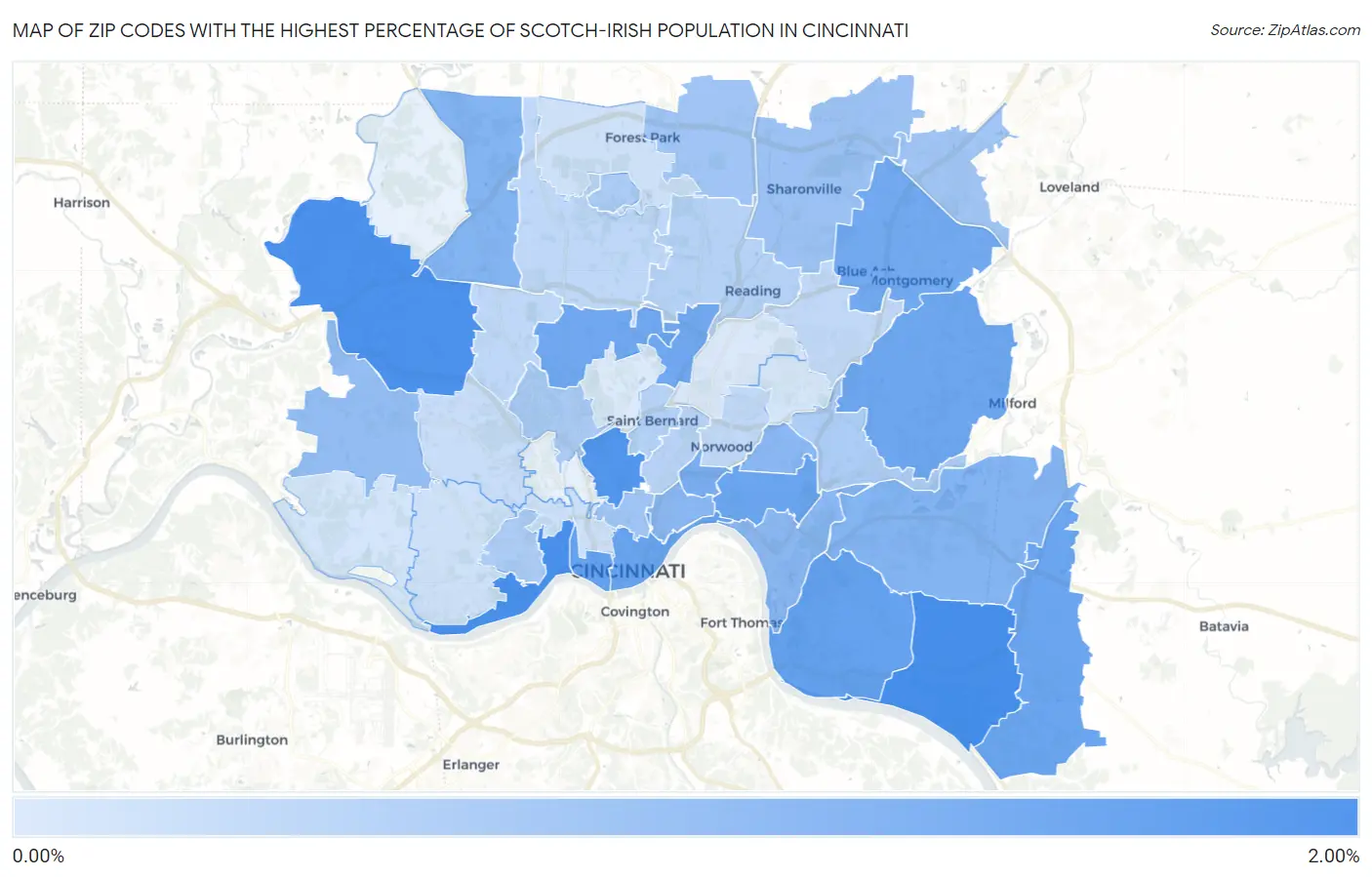 Zip Codes with the Highest Percentage of Scotch-Irish Population in Cincinnati Map