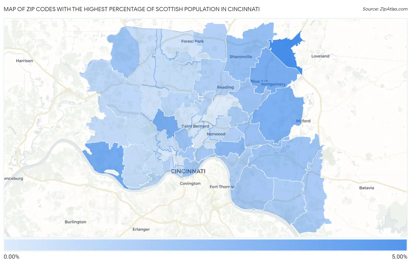 Zip Codes with the Highest Percentage of Scottish Population in Cincinnati Map