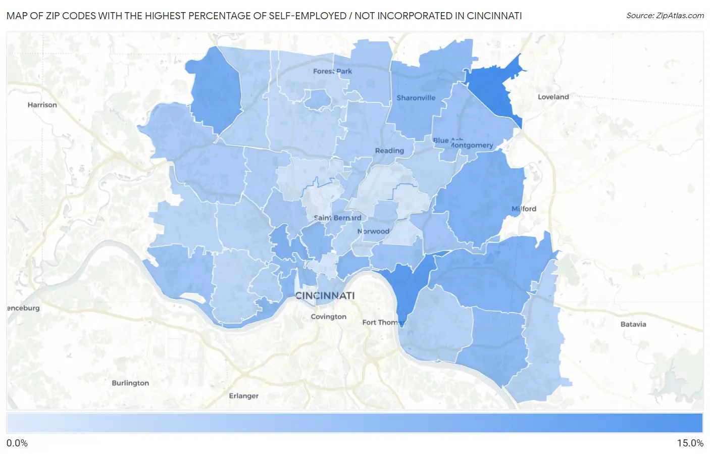 Zip Codes with the Highest Percentage of Self-Employed / Not Incorporated in Cincinnati Map