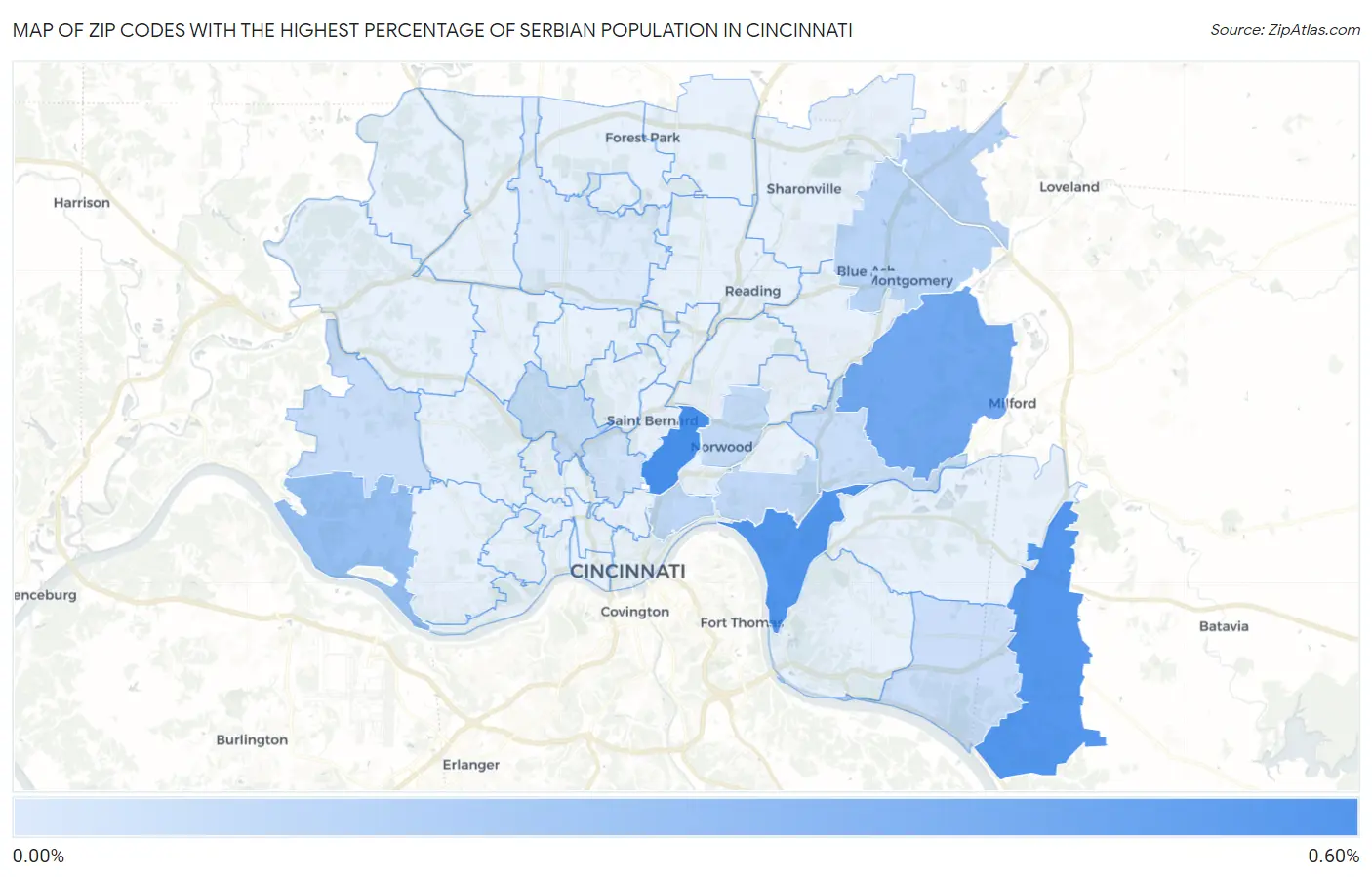 Zip Codes with the Highest Percentage of Serbian Population in Cincinnati Map