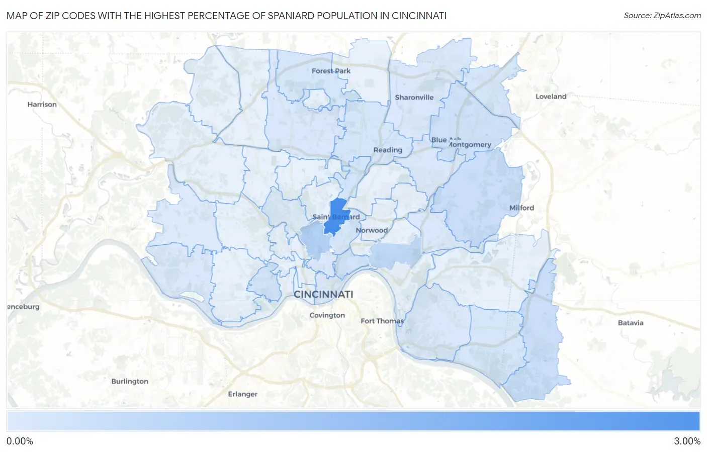 Zip Codes with the Highest Percentage of Spaniard Population in Cincinnati Map