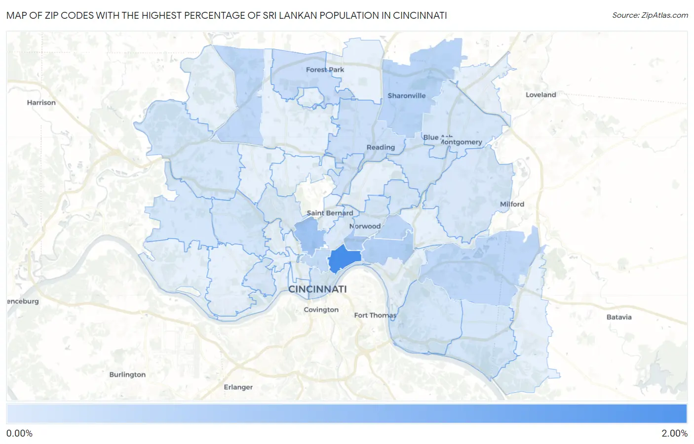 Zip Codes with the Highest Percentage of Sri Lankan Population in Cincinnati Map