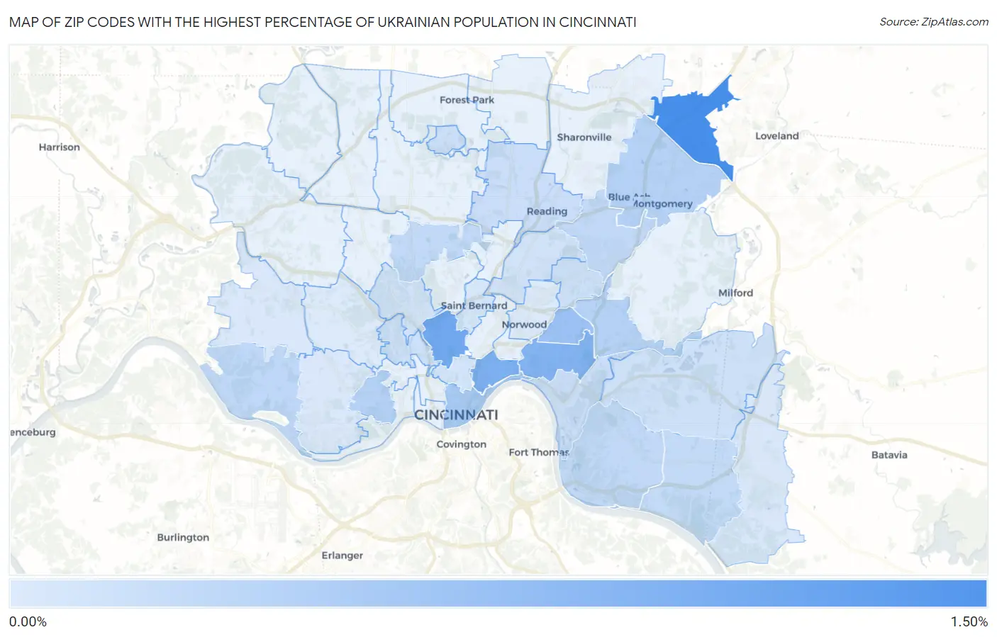 Zip Codes with the Highest Percentage of Ukrainian Population in Cincinnati Map