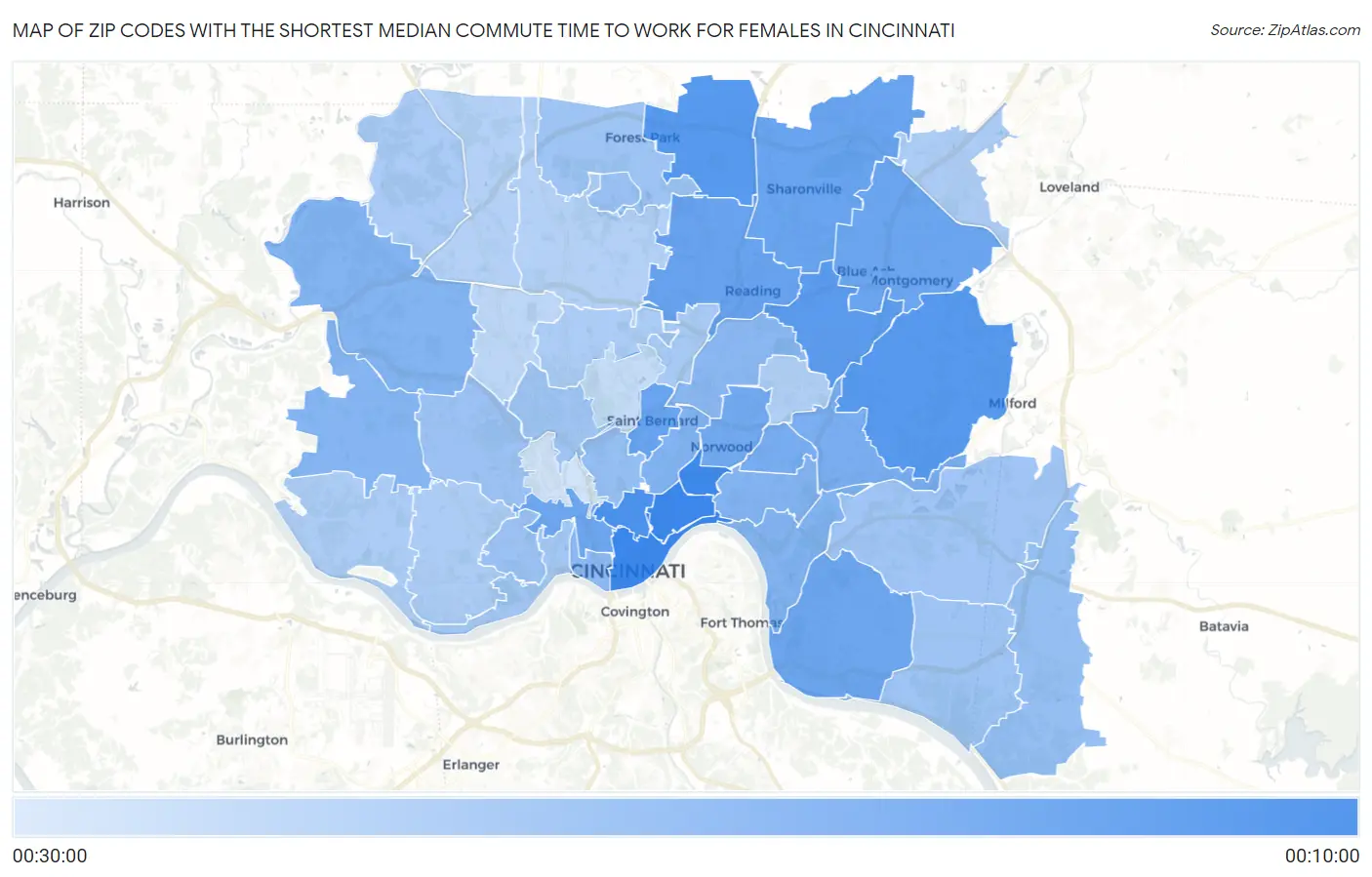 Zip Codes with the Shortest Median Commute Time to Work for Females in Cincinnati Map