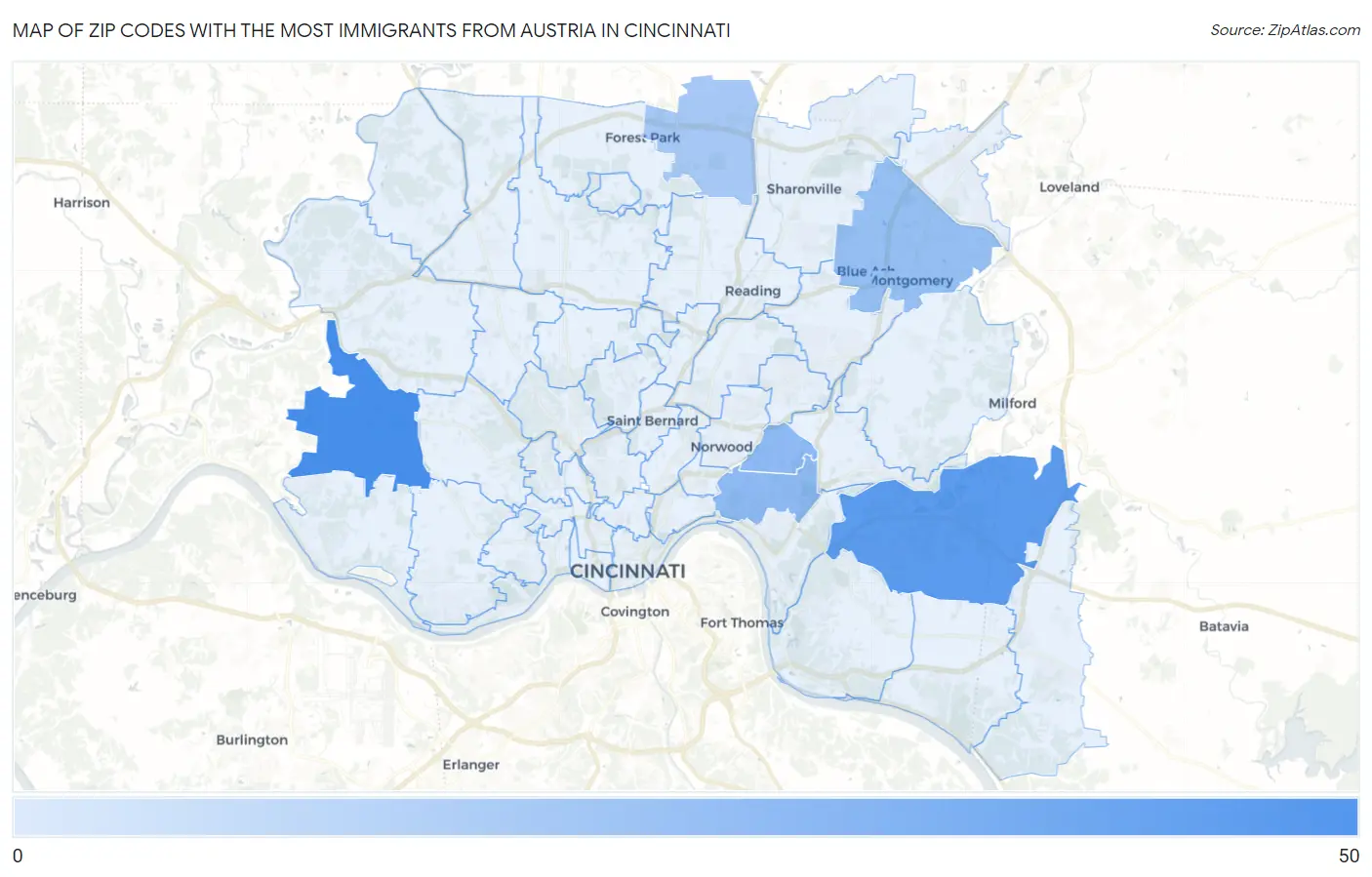 Zip Codes with the Most Immigrants from Austria in Cincinnati Map