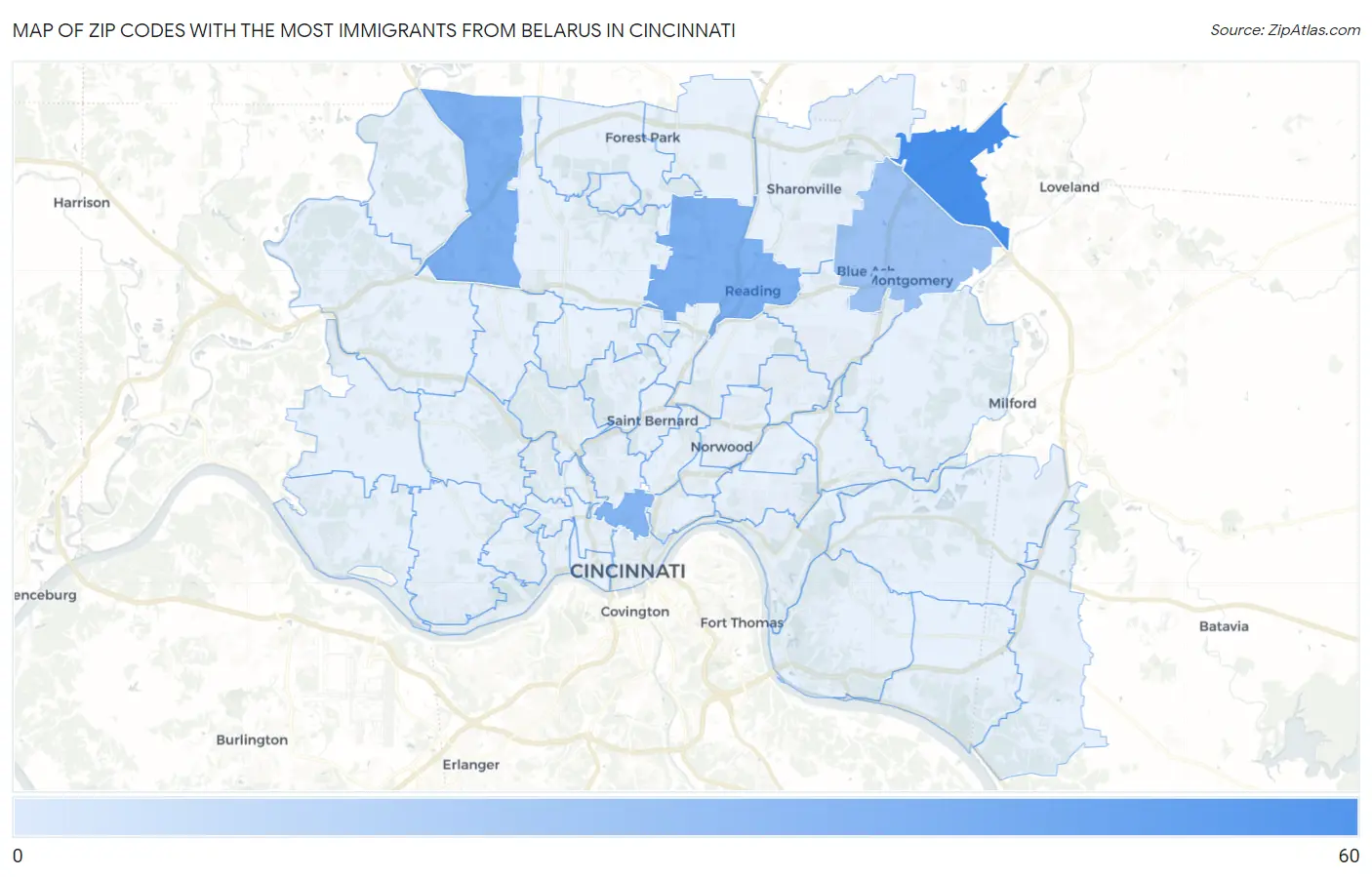 Zip Codes with the Most Immigrants from Belarus in Cincinnati Map