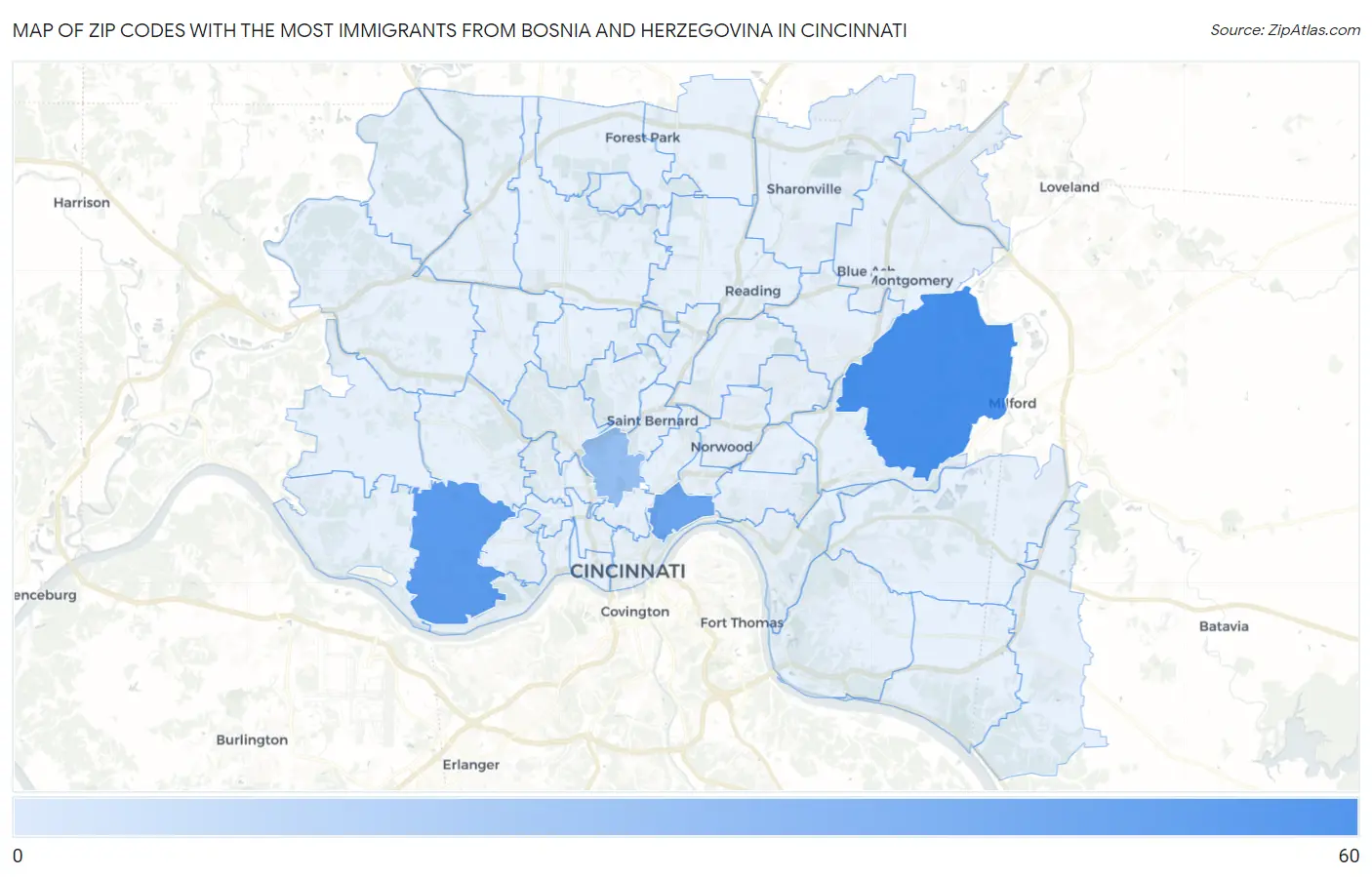 Zip Codes with the Most Immigrants from Bosnia and Herzegovina in Cincinnati Map