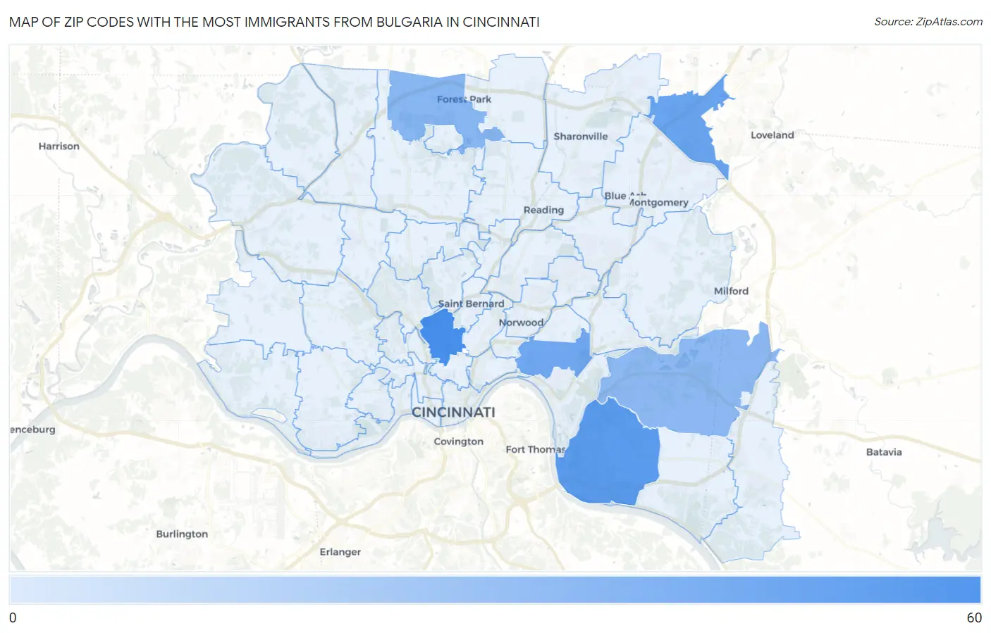 Zip Codes with the Most Immigrants from Bulgaria in Cincinnati Map