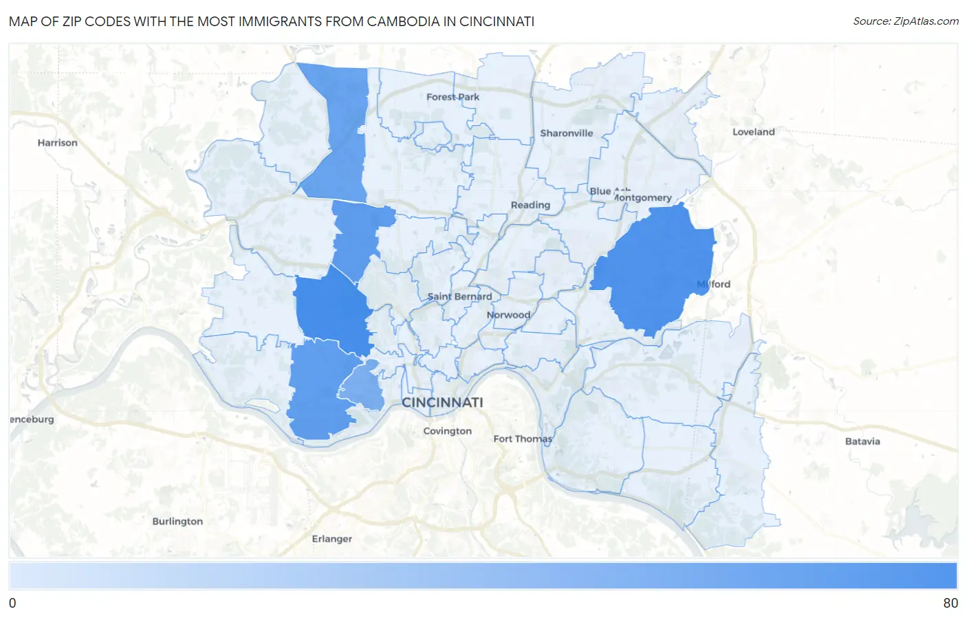 Zip Codes with the Most Immigrants from Cambodia in Cincinnati Map