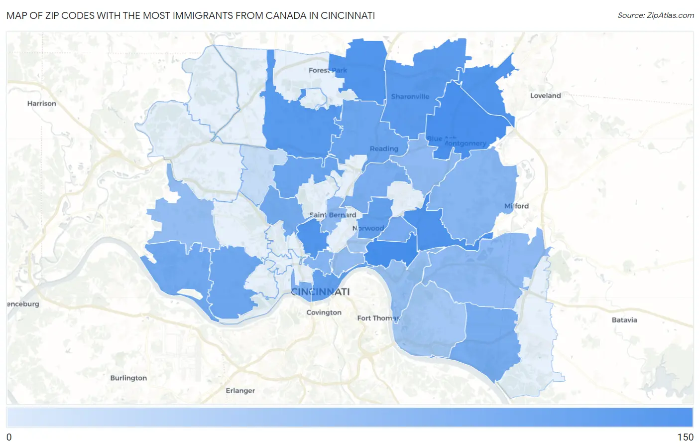 Zip Codes with the Most Immigrants from Canada in Cincinnati Map
