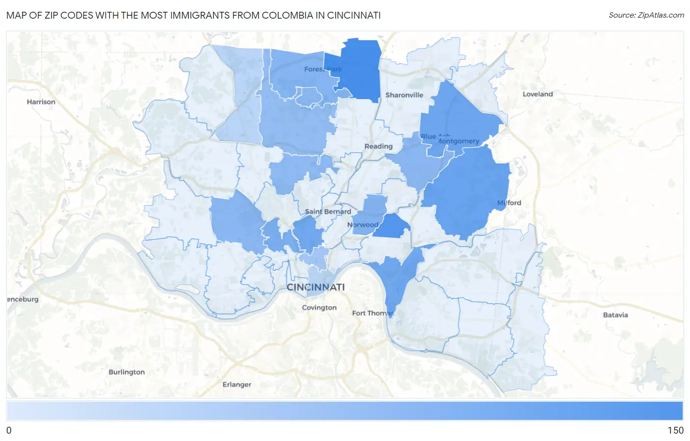 Zip Codes with the Most Immigrants from Colombia in Cincinnati Map