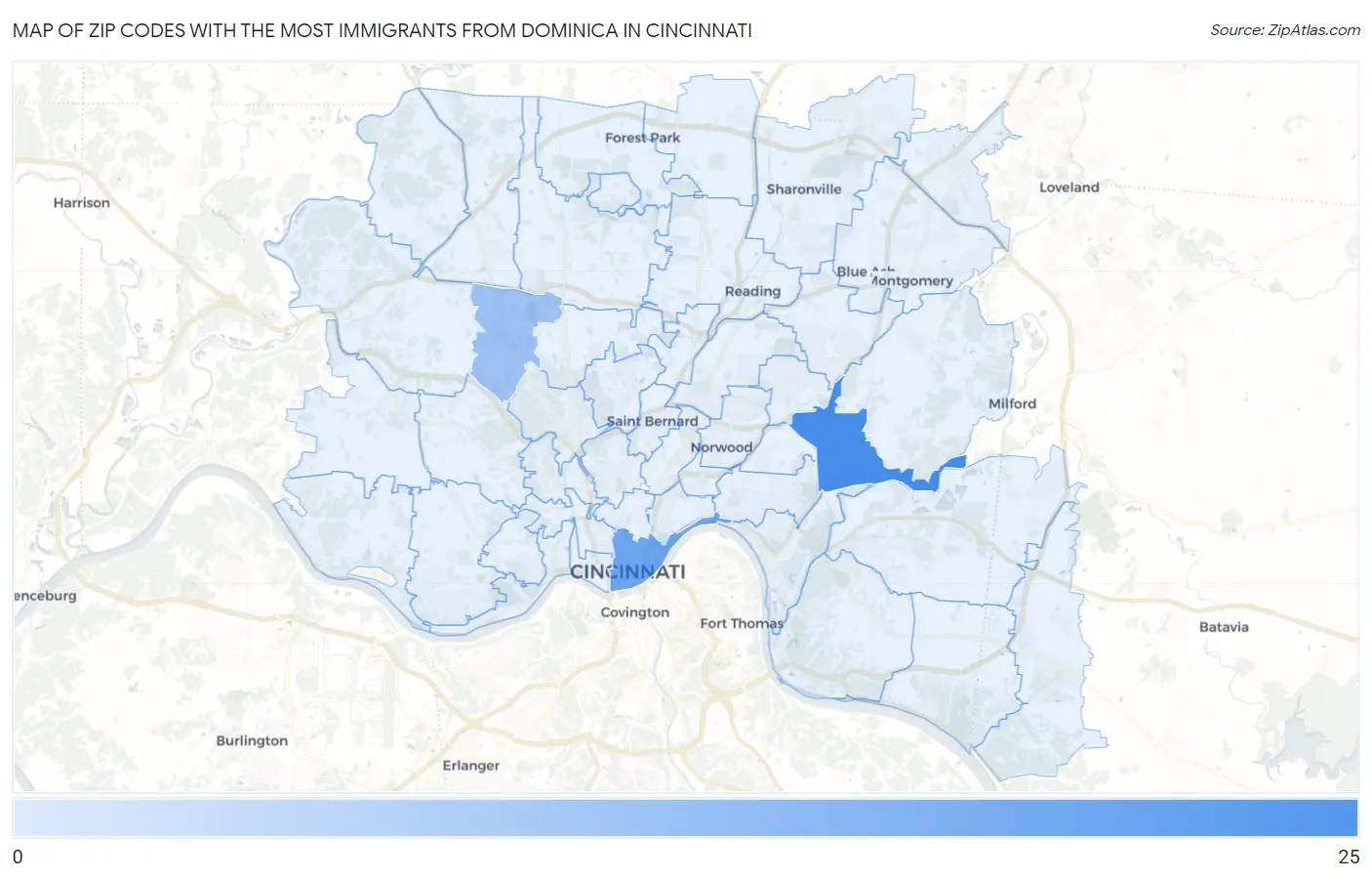Zip Codes with the Most Immigrants from Dominica in Cincinnati Map