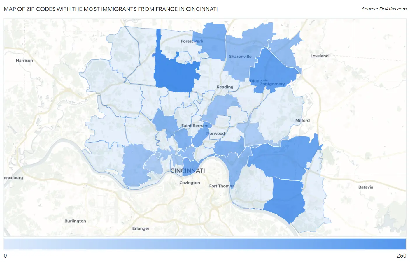 Zip Codes with the Most Immigrants from France in Cincinnati Map