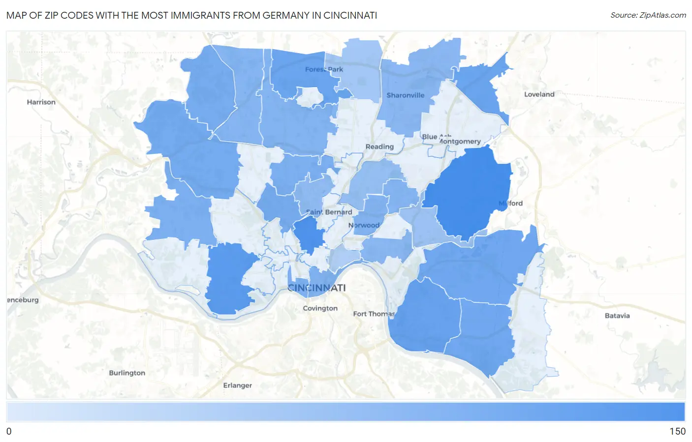 Zip Codes with the Most Immigrants from Germany in Cincinnati Map
