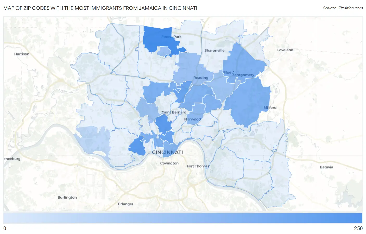 Zip Codes with the Most Immigrants from Jamaica in Cincinnati Map
