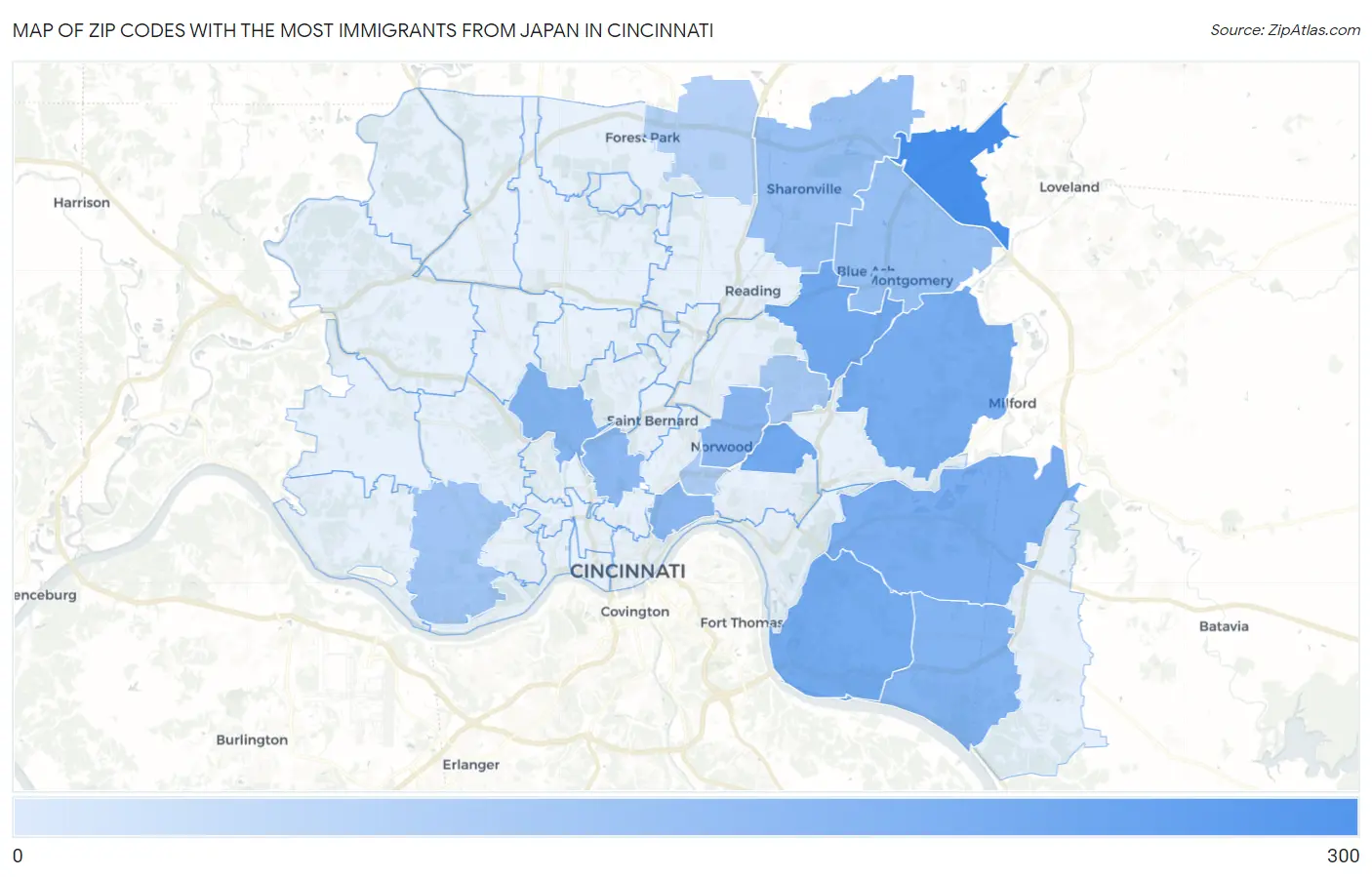Zip Codes with the Most Immigrants from Japan in Cincinnati Map