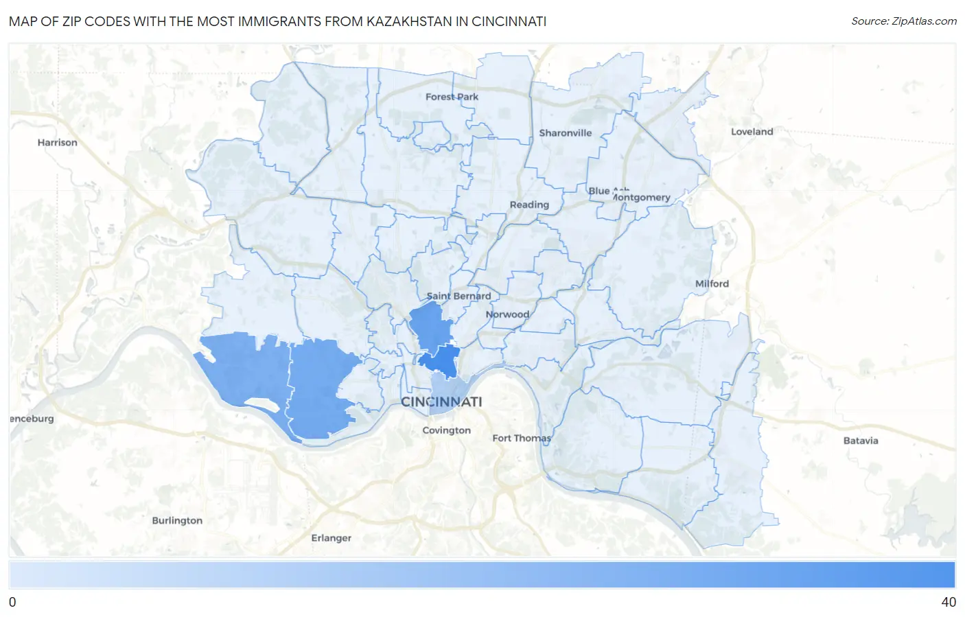 Zip Codes with the Most Immigrants from Kazakhstan in Cincinnati Map