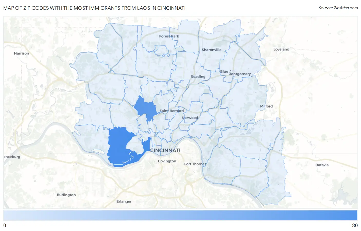 Zip Codes with the Most Immigrants from Laos in Cincinnati Map